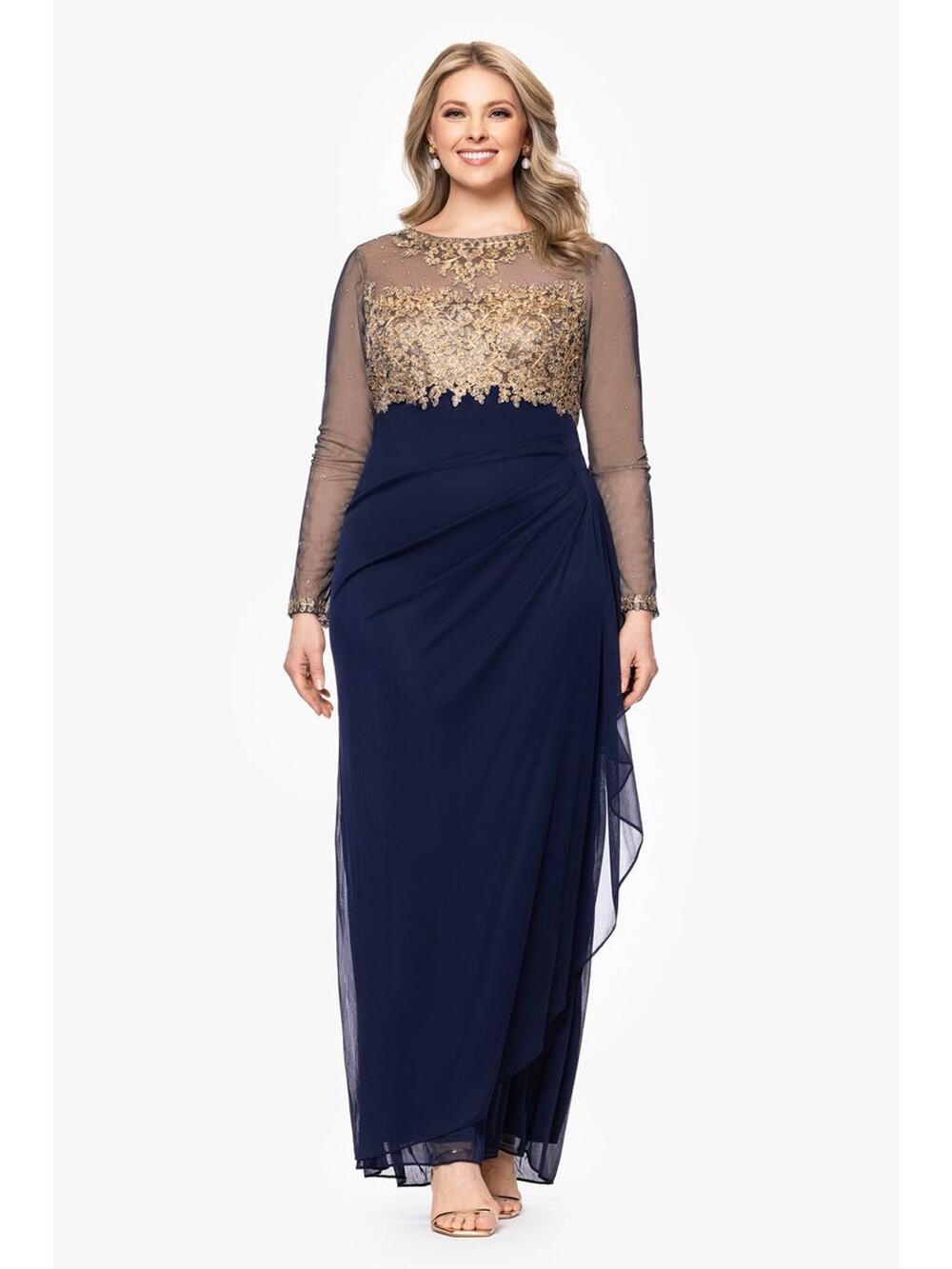 NWT Xscape "Noah" Long Sleeve Sheer Matte Navy Gold Embroidered Dress Size 14P